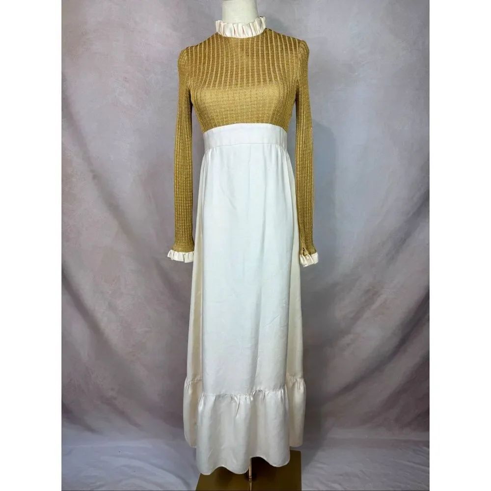 Vintage 1970s Gold Lurex Maxi Dress S Mod MCM Disco ILGWU